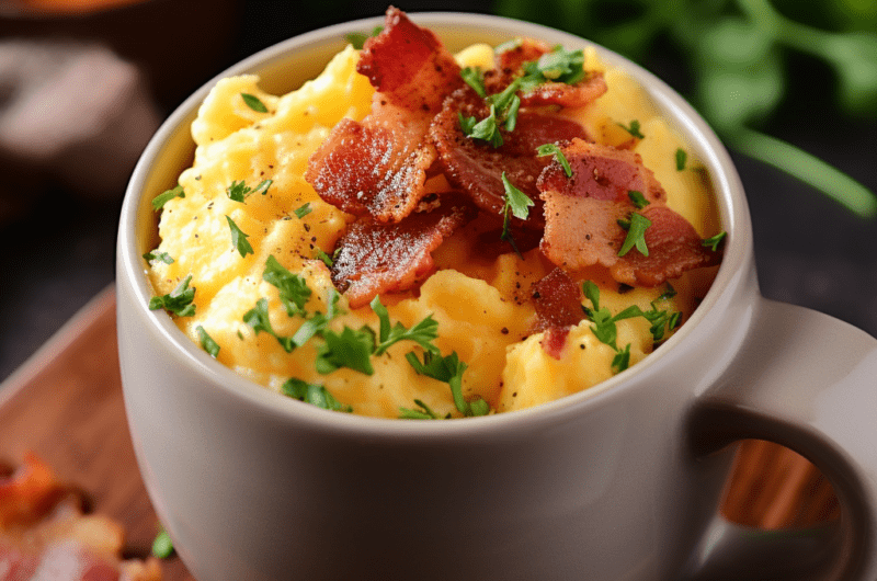 Cheesy Scrambled Eggs in a Mug with Bacon